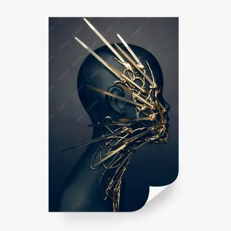 Fotomural máscara escultórica dorada sobre perfil de maniquí negro – Pixers®