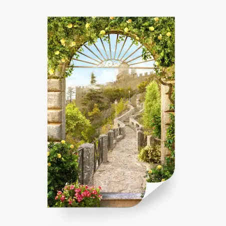 Fotomural camino al castillo entre rosas – Pixers®