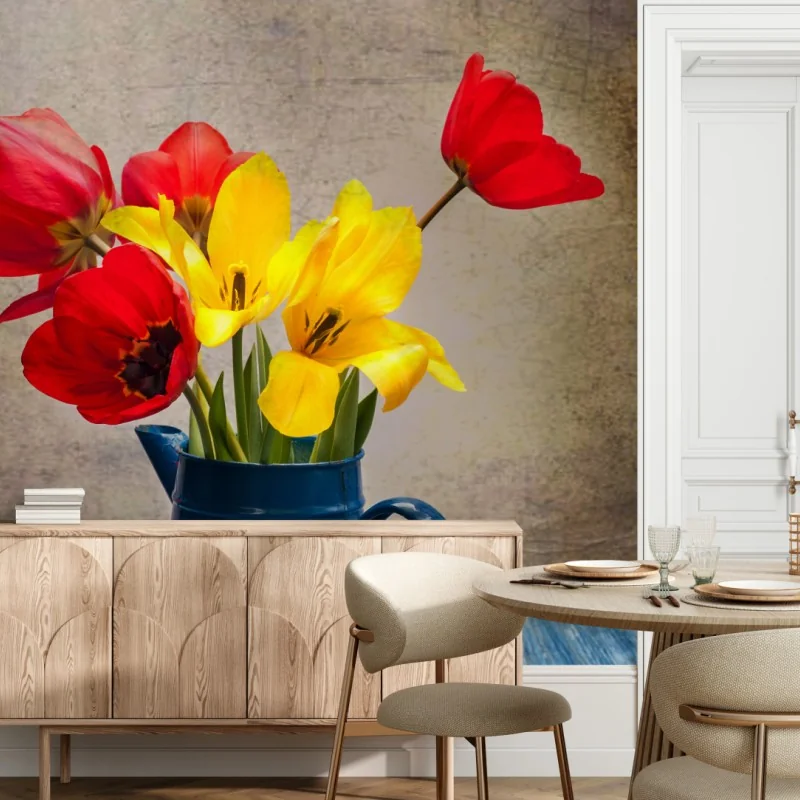 Fotomural naturaleza muerta con tulipanes amarillos de estilo vintage