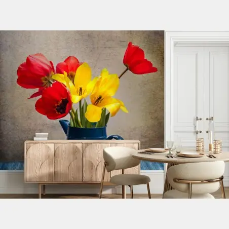 Fotomural naturaleza muerta con tulipanes amarillos de estilo vintage – Pixers®
