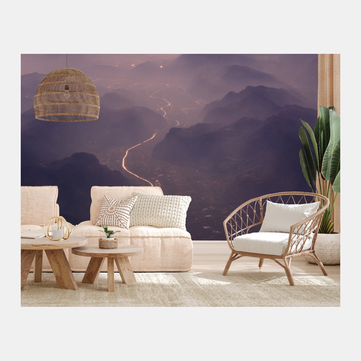 Fotomural paisaje aéreo de montañas y río al amanecer – Pixers®