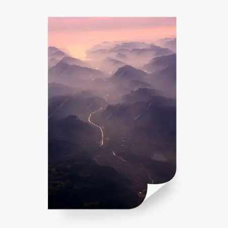 Fotomural paisaje aéreo de montañas y río al amanecer – Pixers®