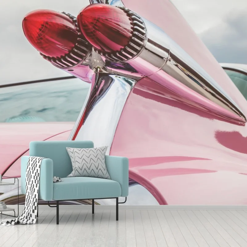 Fotomural icono retro: coche clásico rosa con aleta cromada