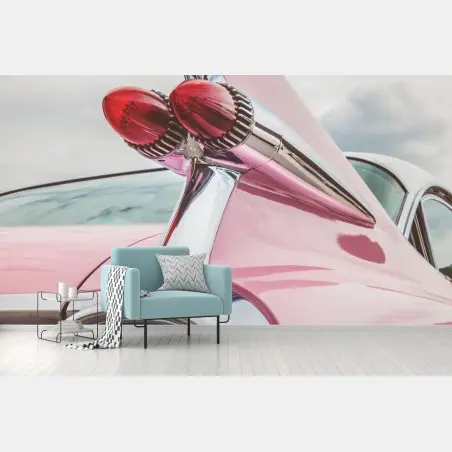 Fotomural icono retro: coche clásico rosa con aleta cromada – Pixers®
