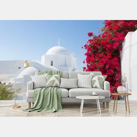 Fotomural encanto mediterráneo: calle blanca con buganvillas – Pixers®