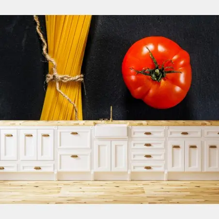 Fotomural bodegón de espaguetis y tomate sobre fondo oscuro – Pixers®