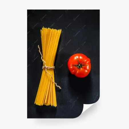 Fotomural bodegón de espaguetis y tomate sobre fondo oscuro – Pixers®
