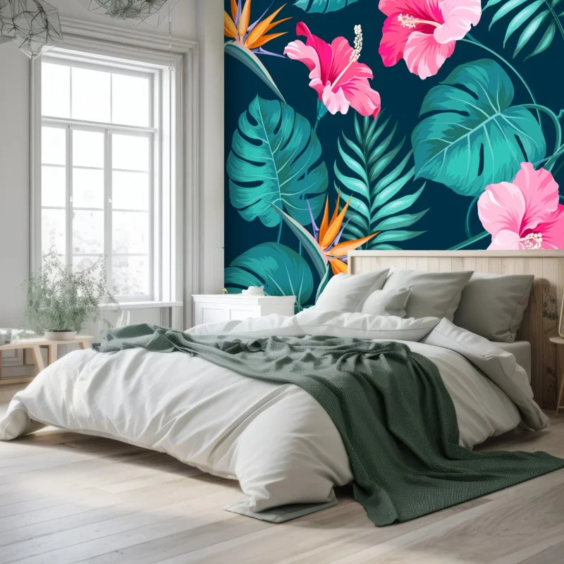 Fotomural mural tropical de hibiscos y hojas monstera