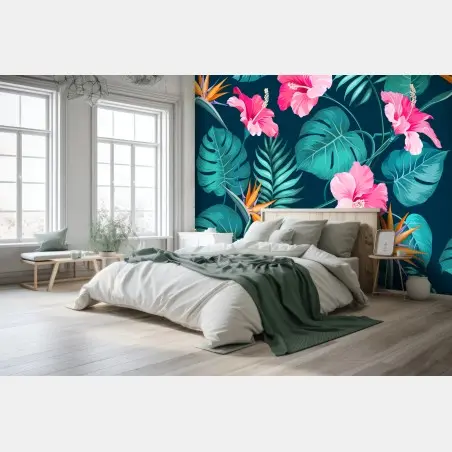 Fotomural mural tropical de hibiscos y hojas monstera – Pixers®