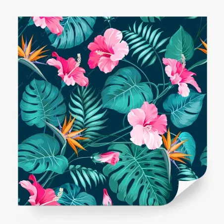 Fotomural mural tropical de hibiscos y hojas monstera – Pixers®