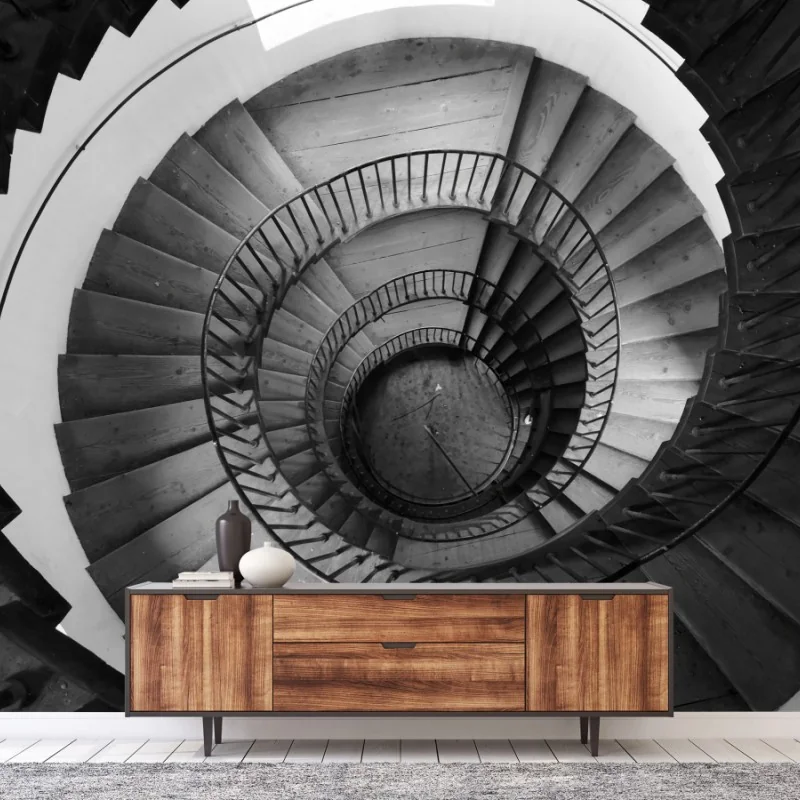 Fotomural espiral arquitectónica en blanco y negro