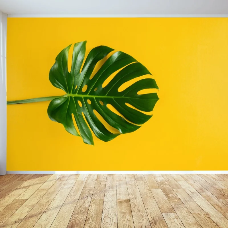 Fotomural hoja de monstera sobre fondo amarillo vibrante
