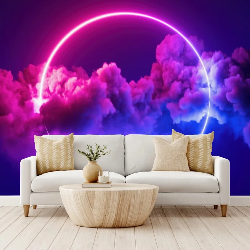 Fotomural círculo de neón entre nubes rosas y azules