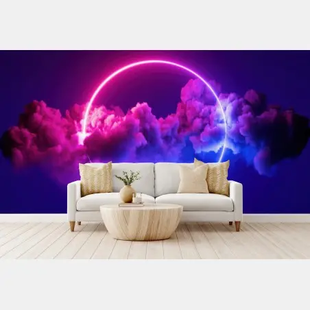 Fotomural círculo de neón entre nubes rosas y azules – Pixers®