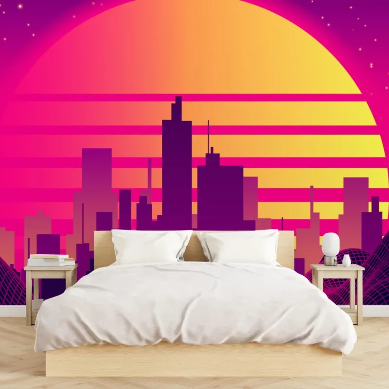 Fotomural puesta de sol retrofuturista en neón sobre la ciudad