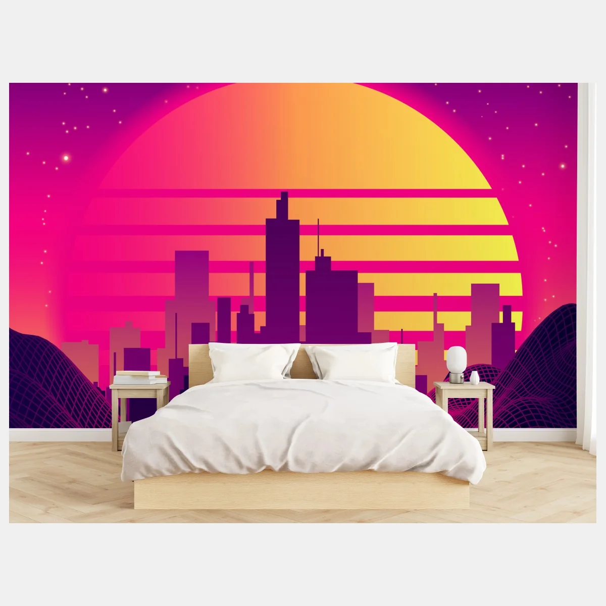 Fotomural puesta de sol retrofuturista en neón sobre la ciudad – Pixers® Fotomural puesta de sol retrofuturista en neón sobre la ciudad – Pixers®
