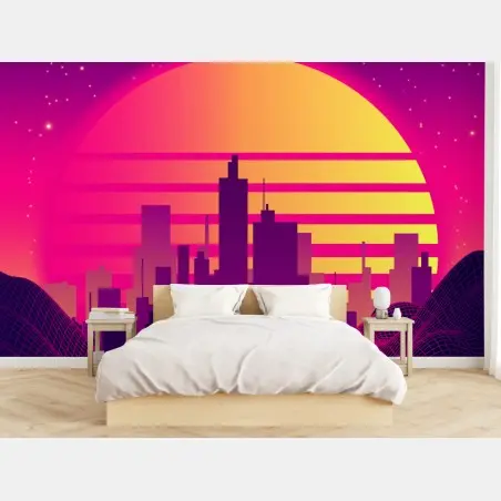 Fotomural puesta de sol retrofuturista en neón sobre la ciudad – Pixers®