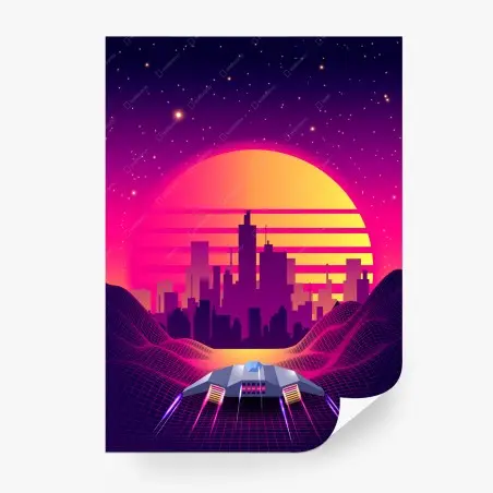 Fotomural puesta de sol retrofuturista en neón sobre la ciudad – Pixers®