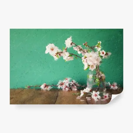 Fotomural ramo de almendro en flor sobre fondo turquesa – Pixers®