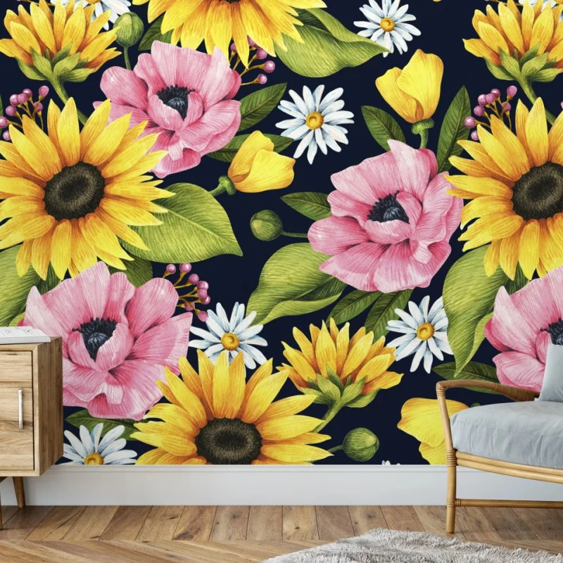 Fotomural patrón floral vibrante con girasoles y amapolas