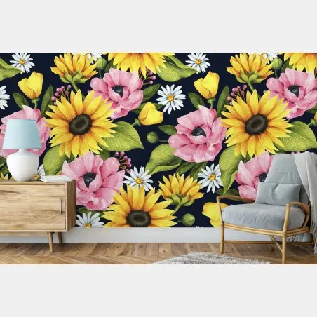 Fotomural patrón floral vibrante con girasoles y amapolas – Pixers®