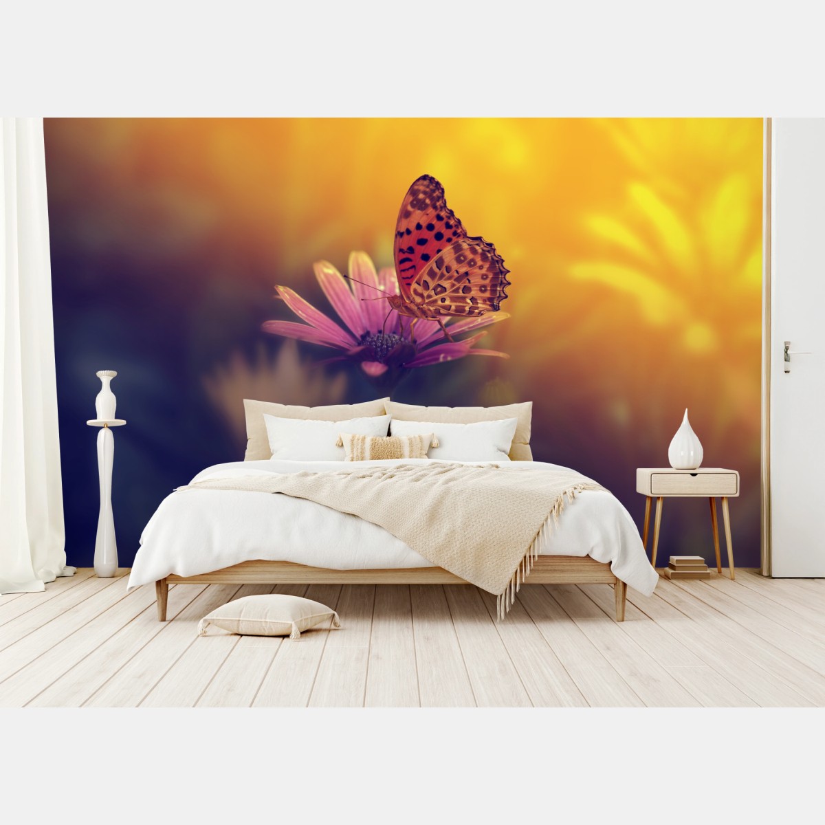Fotomural mariposa al atardecer sobre flor – Pixers®