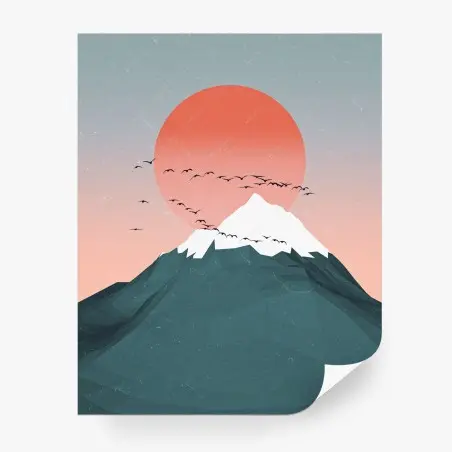 Fotomural atardecer con sol rojo sobre la montaña – Pixers®