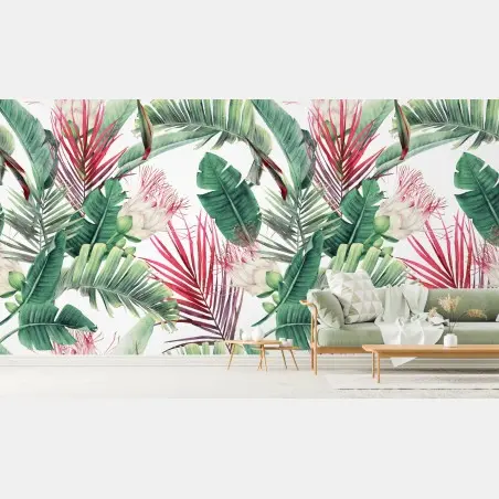 Fotomural motivo tropical en acuarela con hojas y flores – Pixers®