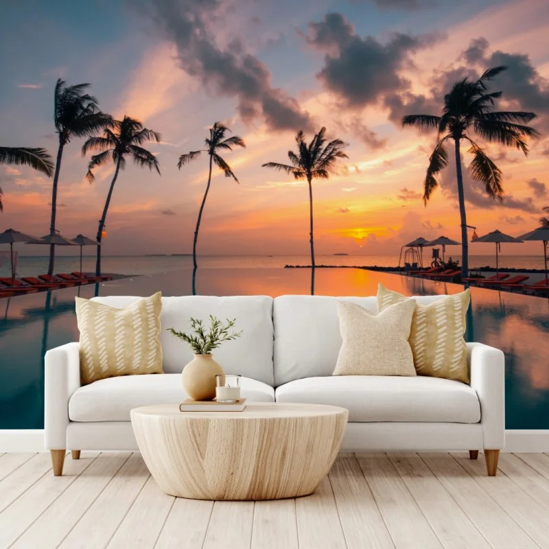Fotomural atardecer tropical sobre piscina infinita