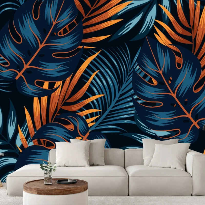 Fotomural diseño botánico tropical en tonos azul y naranja
