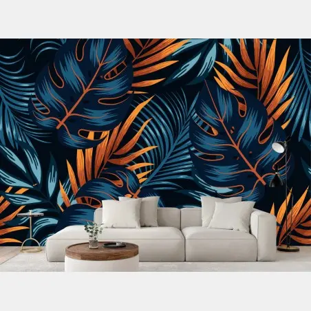 Fotomural diseño botánico tropical en tonos azul y naranja – Pixers®