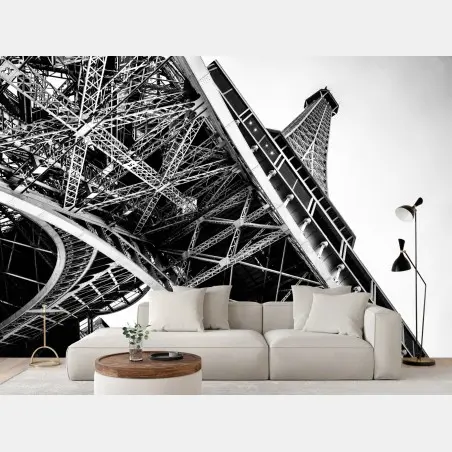 Fotomural vista arquitectónica de la Torre Eiffel en blanco y negro – Pixers®