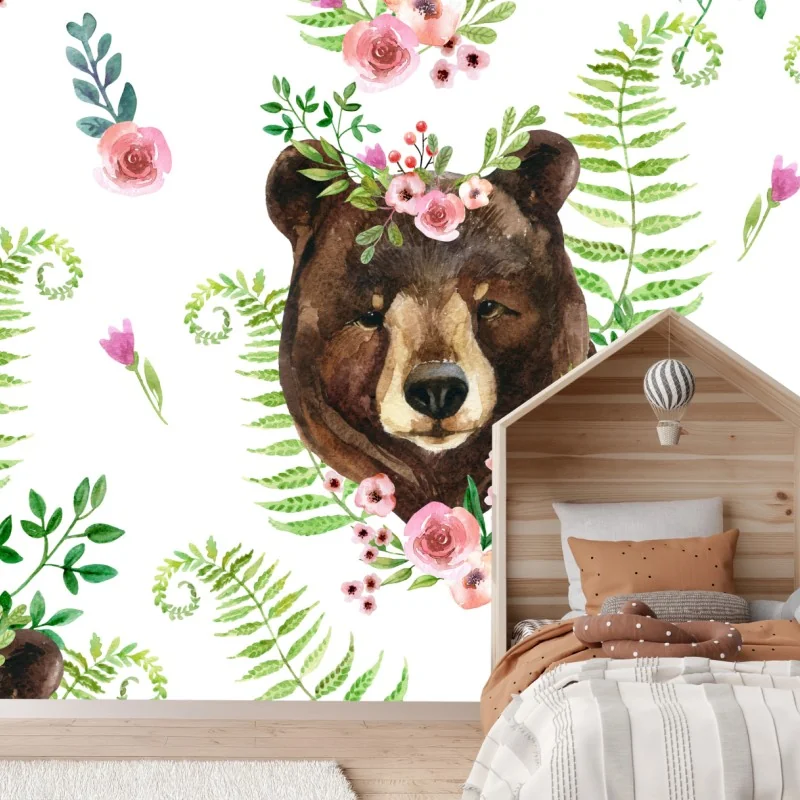 Fotomural oso con corona de flores en acuarela