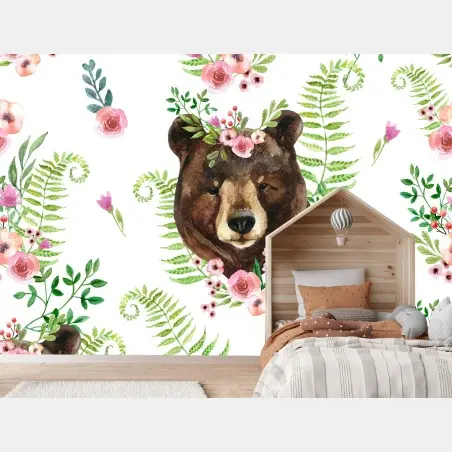 Fotomural oso con corona de flores en acuarela – Pixers®