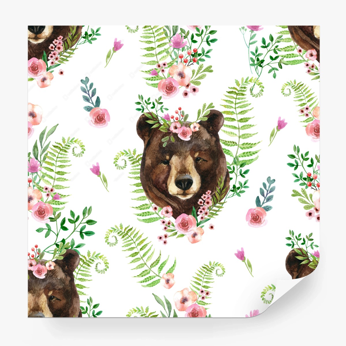 Fotomural oso con corona de flores en acuarela – Pixers®