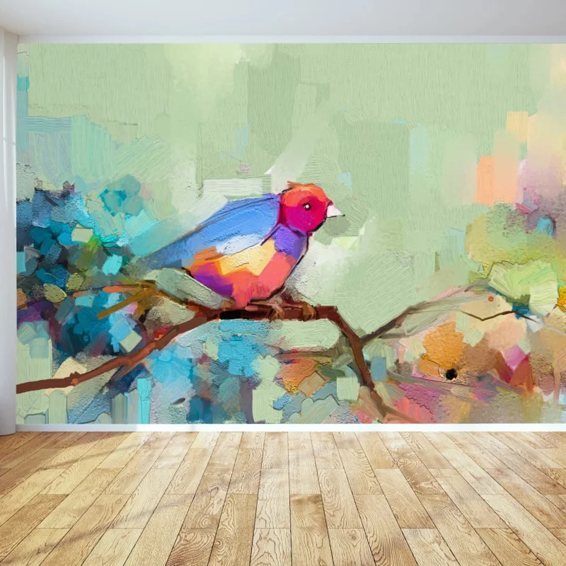 Fotomural pájaro de primavera en pintura abstracta