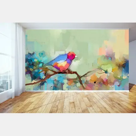 Fotomural pájaro de primavera en pintura abstracta – Pixers®