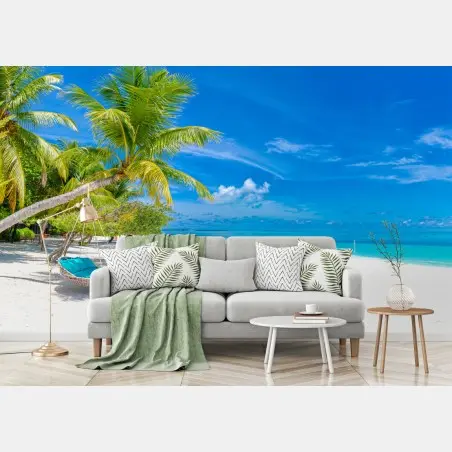 Fotomural escena paradisíaca en playa tropical con palmeras y hamaca – Pixers®