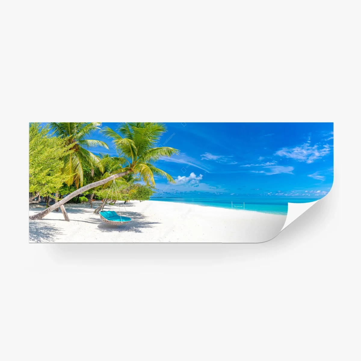 Fotomural escena paradisíaca en playa tropical con palmeras y hamaca – Pixers®