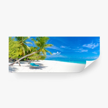 Fotomural escena paradisíaca en playa tropical con palmeras y hamaca – Pixers®