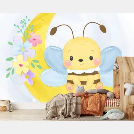 Fotomural abejita en la luna con flores en tonos pastel – Pixers®