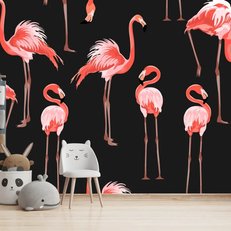 Fotomural estampado de flamencos rosa sobre fondo negro