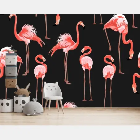 Fotomural estampado de flamencos rosa sobre fondo negro – Pixers®
