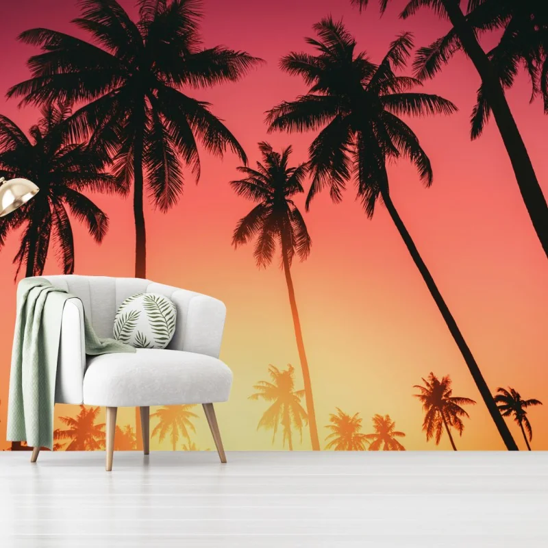 Fotomural atardecer tropical con palmeras en silueta