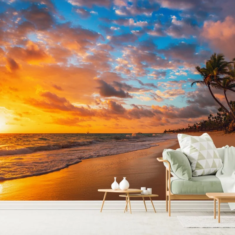 Fotomural amanecer dorado en playa tropical