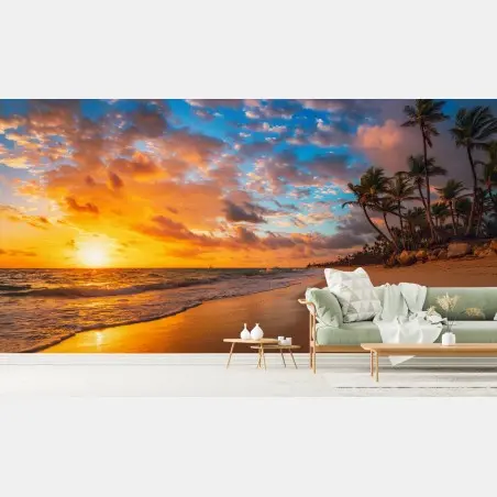 Fotomural amanecer dorado en playa tropical – Pixers®