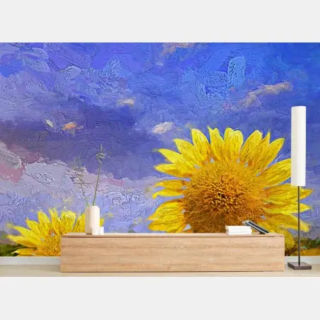 Fotomural atardecer de girasoles en campo veraniego – Pixers®