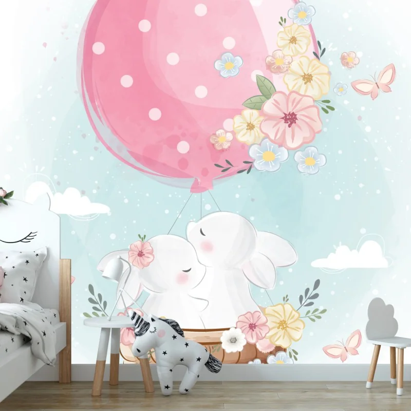 Fotomural conejitos en globo floral