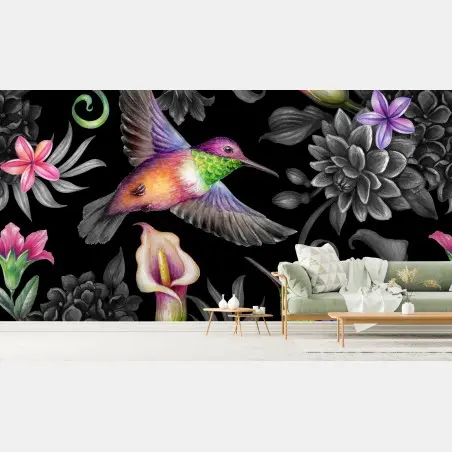 Fotomural jardín paradisiaco nocturno con colibríes y flores tropicales – Pixers®