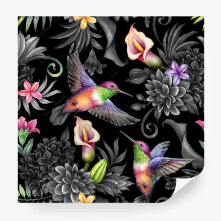 Fotomural jardín paradisiaco nocturno con colibríes y flores tropicales – Pixers®
